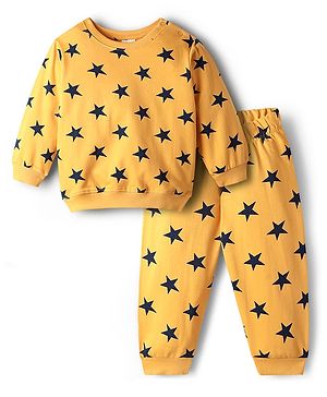 Babyhug Loop Knit Terry Full Sleeves Co-Ord Night Suit With Star Print - Yellow