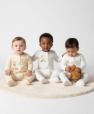 Bonfino 100% Cotton Knit Full Sleeves Footed Sleepsuit with Stripes & Animal Embroidery Pack of 3 - Offwhite & Yellow