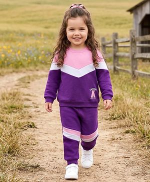 Babyhug Knit Premium Light Gauge Terry Full Sleeves  Top and Joggers Set With Cut & Sew Detailing & Awesome Text Print - Purple & Pink
