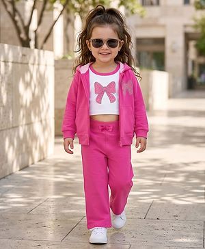 Babyhug Terry Knit Full Sleeves Sweatshirt Jacket Inner Top & Pant Set with Bow Applique - Pink & White