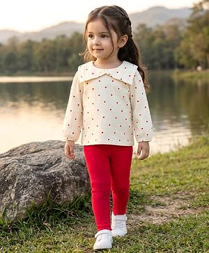 Babyhug Crinkled Crepe Knit Full Sleeves Top & Leggings Set with Heart Print - Offwhite & Red