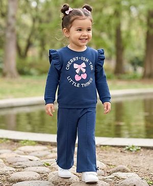 Babyhug Terry Knit Premium Light Gauge Terry Full Sleeves Top & Trouser Set with Cherrish The Little Things Text Print & Bow Applique - Navy Blue