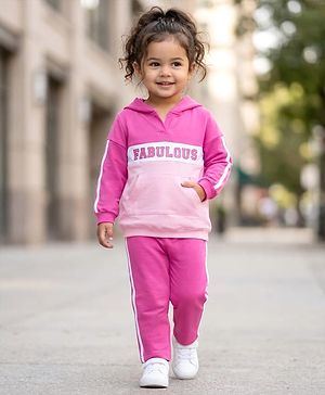 Babyhug Terry Knit Premium Light Gauge Terry Full Sleeves Hooded Top and Lounge Pant Set with Kangaroo Pockets & Fabulous Text Print - Pink