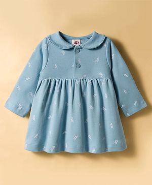 Zero Interlock Knit Full Sleeves Frock with Leaves Print - Aqua Blue