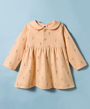 Zero Interlock Knit Full Sleeves Frock with Rainbow Print - Light Orange