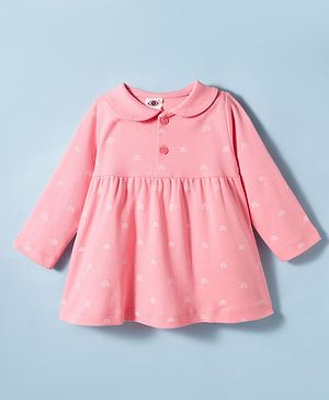 Zero Interlock Knit Full Sleeves Frock with Rainbow Print - Light Red