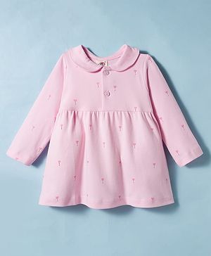 Zero Interlock Knit Full Sleeves Frock with Rainbow Print - Pink