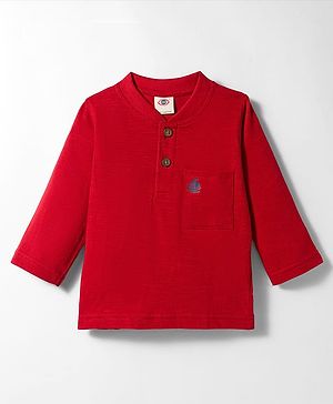 Zero Interlock Knit Full Sleeves Henley Neck T-Shirt with Pocket & Boat Print - Red