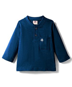 Zero Interlock Knit Full Sleeves Henley Neck T-Shirt with Pocket & Boat Print - Navy Blue