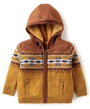 Babyhug Knitted Full Sleeves Hooded Front Open Sweater With Aztec Design - Mustard