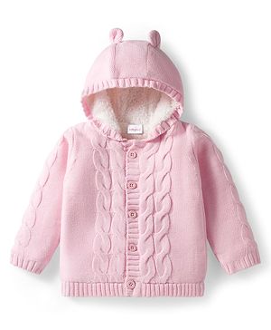 Babyhug Knit Full Sleeves Hooded Front Open Sweater with Cable Knit Design & Ear Applique - Pink