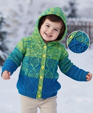 Babyhug Knitted Full Sleeves Hooded Front Open Sweater With Cable Knit Design - Green & Blue