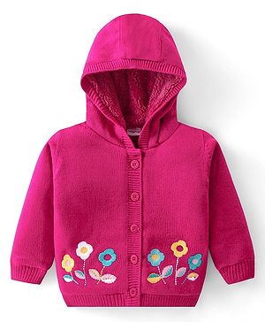 Babyhug Knitted Full Sleeves Hooded Front Open Sweater With Floral Embroidery - Fuchsia