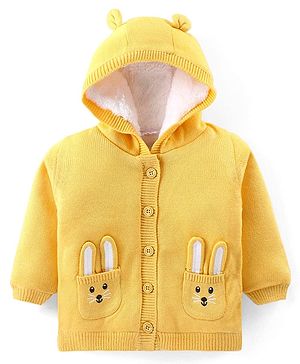 Babyhug Knitted Full Sleeves Hooded Front Open Sweater With Bunny Embroidery - Yellow