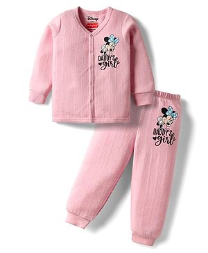 Babyhug Disney Full Sleeve Front Open Thermal Vest & Pant Set With Minnie Mouse Graphic - Pink