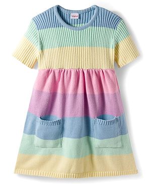 Babyhug Sweater Knit Half Sleeves Woollen Dress with Color Block Design & Pockets - Multicolor