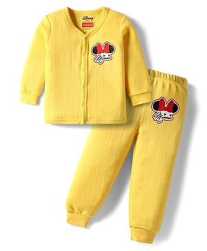 Babyhug Disney Full Sleeve Front Open Thermal Vest & Pant Set With Minnie Mouse Graphic - Yellow