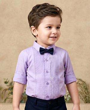 Babyhug Oxford Cotton Woven Full Sleeves Solid Color Pintuck Party Shirt with Bow - Lavender
