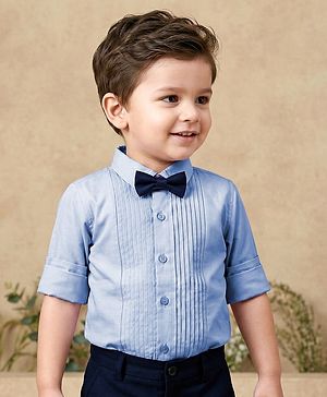 Babyhug Cotton Woven Full Sleeves Partywear Solid Oxford Pintuck Shirt With Bow - Light Blue