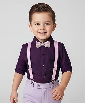 Babyhug Cotton Woven Full Sleeves Party Shirt with Suspender & Bow - Purple