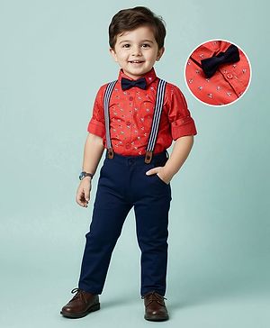 Babyhug Cotton Woven Full Sleeves Floral Printed Party Shirt & Trouser Set With Bow & Suspender - Brown & Navy