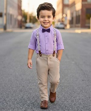 Babyhug Cotton Woven Full Sleeves Poplin Solid Party Shirt & Stretchable Trouser With Bow & Suspender - Purple & Cream