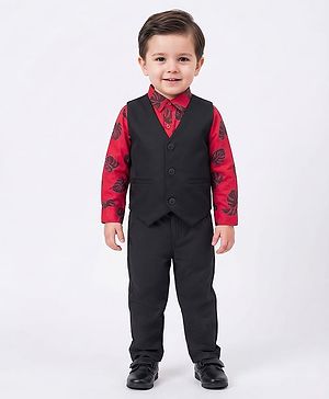 Babyhug Cotton Woven Full Sleeves 3 Piece Party Suit With Leaf Print - Black & Red