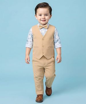 Babyhug Cotton Woven Full Sleeves 3 Piece Party Suit With Floral Print & Bow - Beige