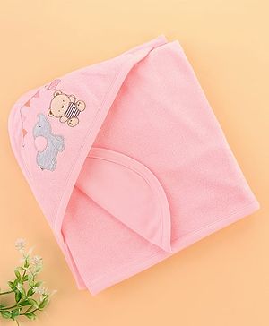 Zero Terry Knit Hooded Towel with Bear & Elephant Patch Detailing L 86 x B 86 cm - Pink
