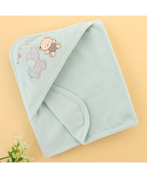 Zero Terry Knit Hooded Towel with Bear & Elephant Patch Detailing L 86 x B 86 cm - Aqua Blue