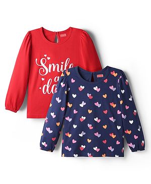 Babyhug 100% Cotton Knit Full Sleeves T-Shirts with Text & Heart Graphics Pack of 2 - Navy Blue & Red