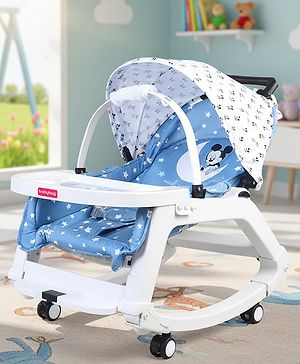 Babyhug Disney Mickey Mouse Rocking chair- Light Blue| Multi-Functional Rocker, Dining Chair, Walker, Cart & Seat| Reclining Seat| Infants & Toddlers of 0 to 3 Yrs| Wheels with Lock| Safety Harness