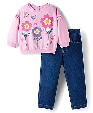 Babyhug Looper Knit Full Sleeves Rib at Neck Top & Jeans Set with Floral Print - Pink & Blue