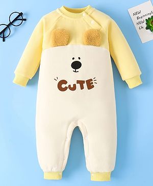 Mark & Mia Full Sleeves Winter Wear Romper With Dog Embroidery & Ear Applique - Yellow