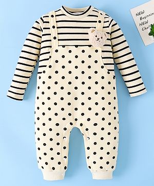 Mark & Mia Full Sleeves Winter Wear Romper With Polka Dot Print & Teddy Bear Applique - Beige