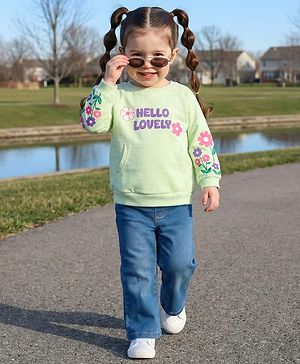 Babyhug Looper Knit Full Sleeves Rib at Neck Top & Jeans Set with Kangaroo Pocket & Floral Print - Light Green & Blue