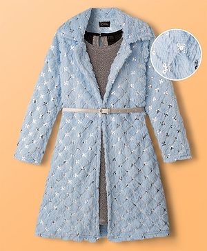 Hola Bonita Knit Shimmer Party Dress & Full Sleeves Fur Jacket With Belt - Light Blue