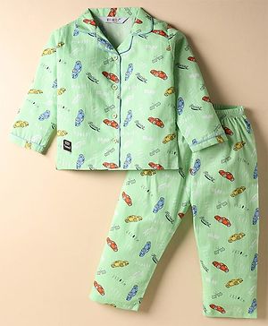 Enfance Core Full Sleeves Car Race Theme Printed Coordinating Night Suit Set - Green