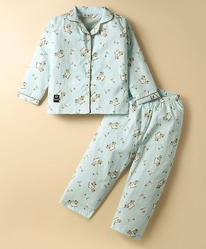 Enfance Core Full Sleeves Golf Cart Printed Coordinating Night Suit Set - Sea Green