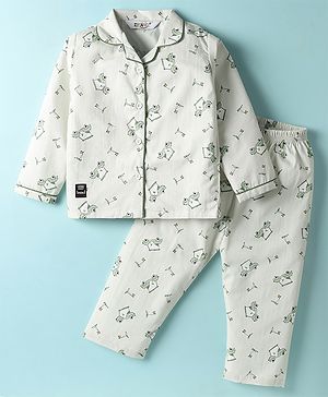 Enfance Core Full Sleeves Golf Cart Printed Coordinating Night Suit Set - Cream