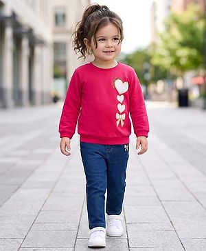 Babyhug Looper Knit Full Sleeves Rib at Neck Top & Jeans Set with Heart Print - Red & Blue