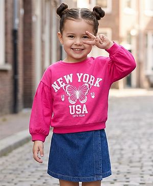 Babyhug Looper Knit Full Sleeves Knit Top and Skort Set With New York Text Print - Pink