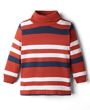 Babyhug Cotton Knit Full Sleeves Turtle Neck Winter T-Shirt with Stripes - Red