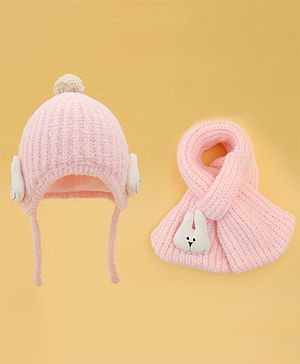 Babyhug Woolen Cap & Muffler Set With Animal Applique Pink - 13 cm Diameter