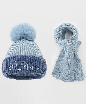 Babyhug Woolen Cap & Muffler Set With Smile Embroidery Blue - 11.5 cm Diameter