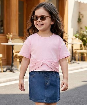 Babyhug Single Jersey Knit Half Sleeves Solid Top & Denim Skirt Set - Pink & Blue