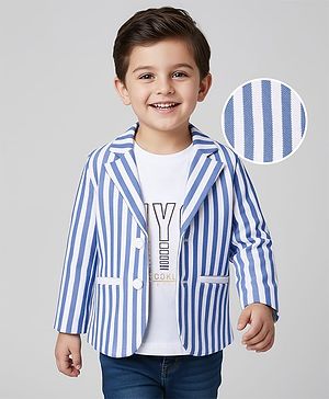 Babyhug Knit Full Sleeves Striped Blazer With NYC Printed T-Shirt - Blue
