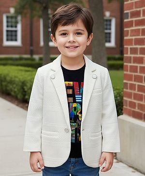 Babyhug Knit Full Sleeves Party Wear Blazer with Graphic Printed T-Shirt - White & Black