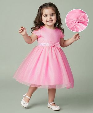 Babyhug Woven Half Sleeves Flare Party Dress with Bow Applique - Pink
