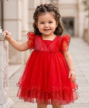Babyhug Woven Frill Sleeves Mesh Party Dress With Glittered Yoke - Red